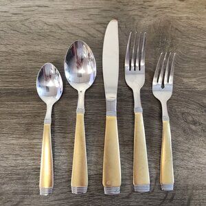 Vintage Mid-Century Modern Flatware Set Gold 2 Toned Stainless Mod Service For 4